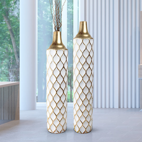 2 Piece White Gold Tall Vases, Indoor Decorative Vases for Living Room, Hallway, Home Decor Large 32 inch Medium 28 inch