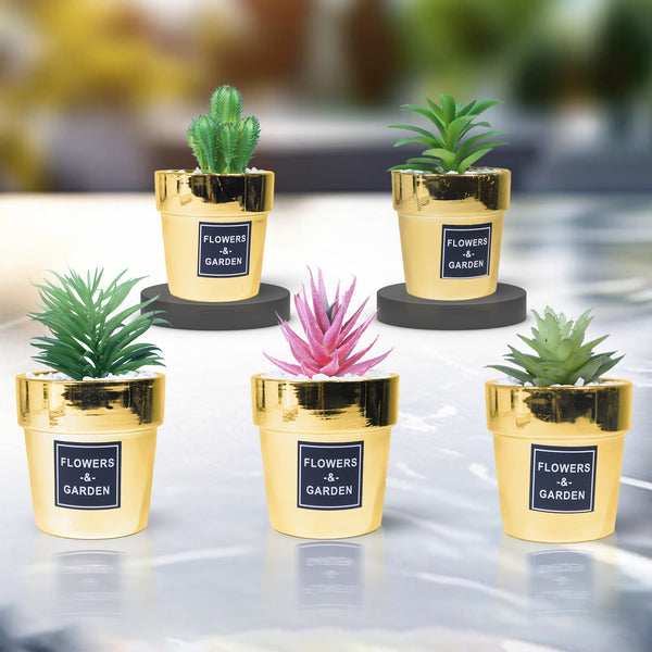 Golden Ceramic Plant Pot with Realistic Fake Plant Cactus, Home Decor, Gift for Mom 6 inch, 14 cm