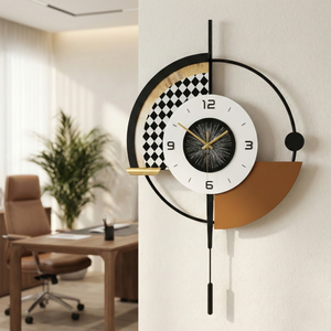 Modern Black and White Wall Clock with LED Light, Unique Geometric Design, Pendulum, Living Room Decor, Gift-Sona Casa