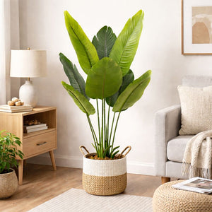 Large 45" Artificial Bird of Paradise Plant with Cement Base, Realistic Green Faux Tropical Tree for Indoor Outdoor Decor-Sona Casa