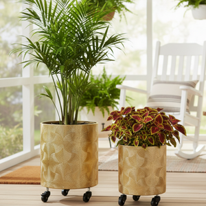 Gold Metal Foil Planters Set with Wheels and Drain Plug, Indoor Pot for Fresh or Faux Plants Home Decor Gift-Sona Casa