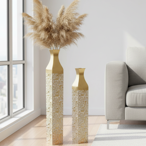 Modern Decorative Metal Tall Vase, Rustic Weathered Finish, Handmade Gold Living Room Decor, 42" and 35" Pots for Pampas Grass-Sona Casa