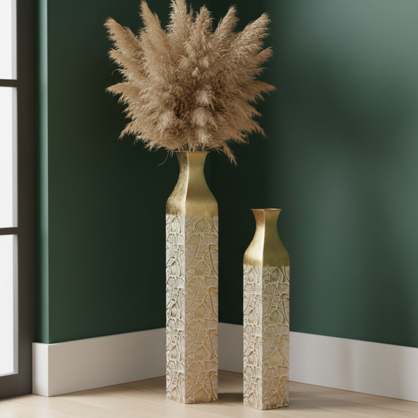 Modern Decorative Metal Tall Vase, Rustic Weathered Finish, Handmade Gold Living Room Decor, 42" and 35" Pots for Pampas Grass-Sona Casa