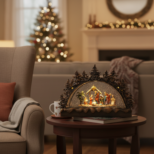Christmas Nativity Snow Globe Light Up Musical Xmas Decor Gift USB Battery Powered Table Religious Home Office Decor-Sona Casa