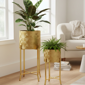 Rustic Gold Metal Pair of Planters with Detachable & Foldable Stand, Indoor Ornament for Fresh or Faux Plants Home Decor Gifts-Sona Casa