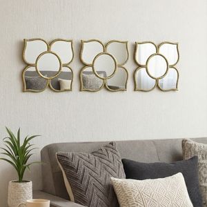 Golden Floral Wall Mirror Set, Traditional Modern Diwali Decor Gift, 25 cm Mirrors Pooja Room Decor-Sona Casa