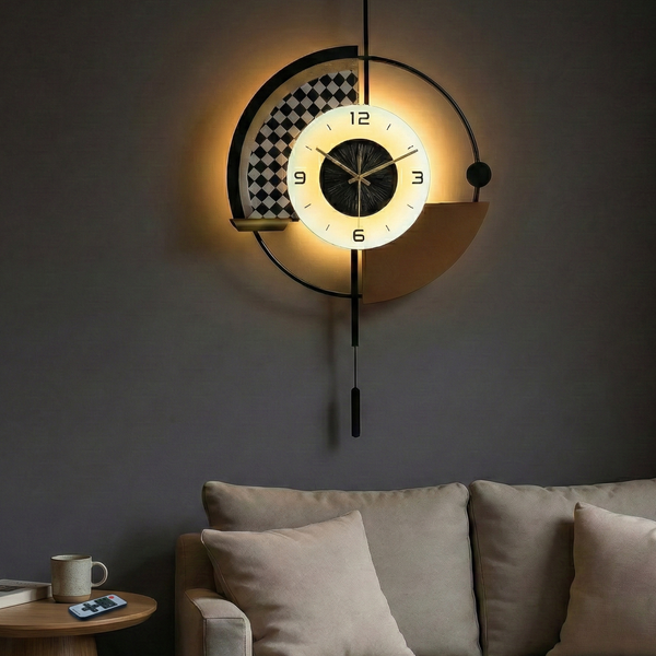 Modern Black and White Wall Clock with LED Light, Remote Controlled, Unique Geometric Design, Pendulum, Living Room Decor, Gift-Sona Casa