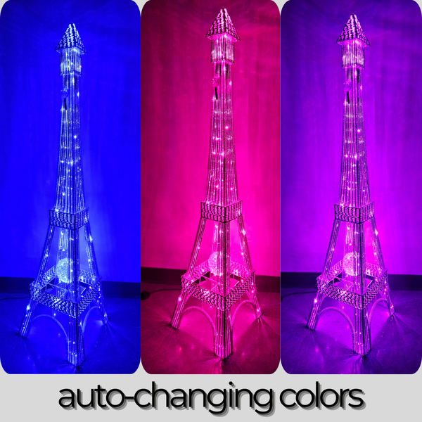 Tall Floor Lamp, Handcrafted 63" Eiffel Tower Paris Multicolor LED Light White Metal by Sona Casa