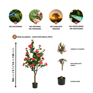 Artificial Flowering Tree, 5 ft Tall Fake Pink Camellia Tree Plant in Cement Base, Indoor Decor for Home or Office, Gift-Sona Casa