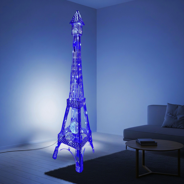 Tall Floor Lamp, Handcrafted 63" Eiffel Tower Paris Multicolor LED Light White Metal by Sona Casa