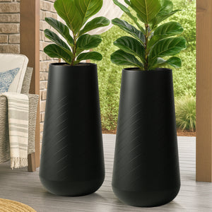 Set of 2 Tall Black Indoor Self Watering Decorative Planters, 27 Inch Tall Black Planter with Riser Pot, Drain Hole-Sona Casa
