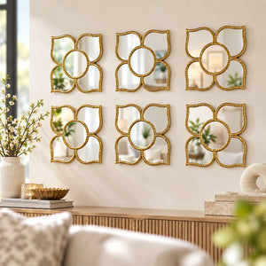 Golden Floral Wall Mirror Set, Traditional Modern Diwali Decor Gift, 25 cm Mirrors Pooja Room Decor-Sona Casa