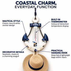 Anchor Wall Mount Coat Rack, Hook & Built-In Thermometer, 13" Rustic Ocean, Beach Themed Decor, Nautical Gifts