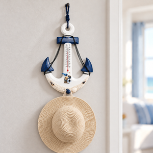 Anchor Wall Mount Coat Rack, Hook & Built-In Thermometer, 13" Rustic Ocean, Beach Themed Decor, Nautical Gifts