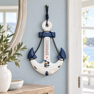 Anchor Wall Mount Coat Rack, Hook & Built-In Thermometer, 13" Rustic Ocean, Beach Themed Decor, Nautical Gifts