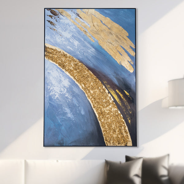Large Abstract Golden and Blue Wall Art, Handmade Art, Textured Painting, Framed Canvas Wall Art Decor, Wall Accent for Living Room, Office, Guest Room, Dining Room, Bedroom