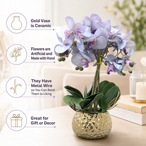 Elegant Gold Ceramic Vase with Artificial Purple Blue Orchid - Accent Collection