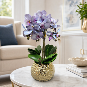 Elegant Gold Ceramic Vase with Artificial Purple Blue Orchid - Accent Collection