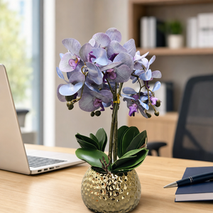 Elegant Gold Ceramic Vase with Artificial Purple Blue Orchid - Accent Collection