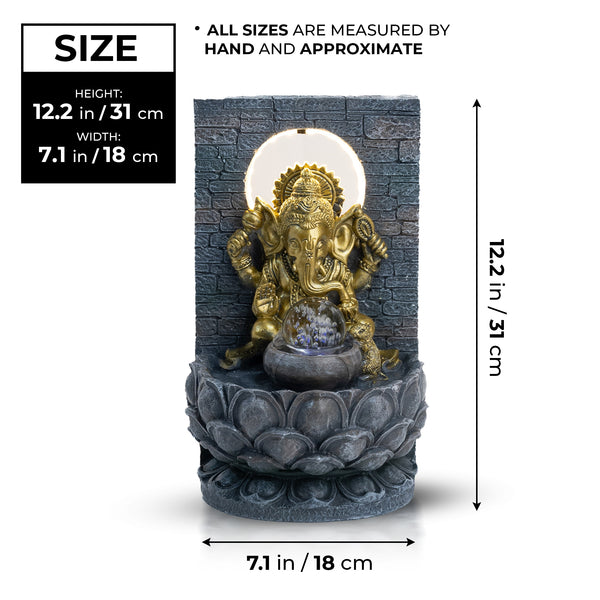 Indoor Waterfall with Golden Ganesha Statue, Lights, Crystal Ball, Polyresin Tabletop Fountain, Desktop Water Fountain, Home or Office Decor 12 inch 31 cm