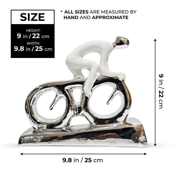 Abstract Cyclist Sculpture, White Silver Ceramic, Living Room Console Table Decor Piece