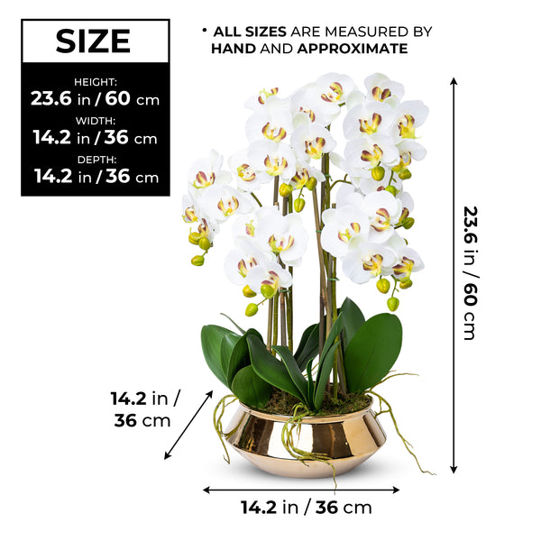 Lifelike Faux Orchid In Golden Ceramic Planter - Realistic Green Leaves & White Flowers For Home Decor