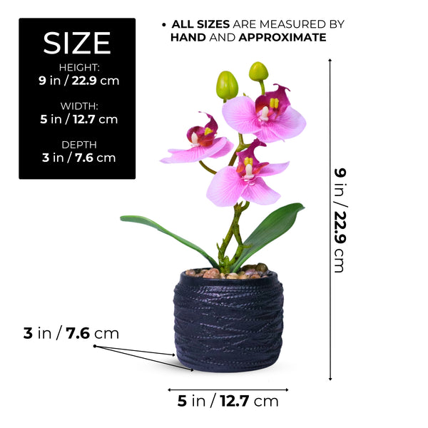 Small Pink Faux Orchid Fake Plants Indoor with Black Cement Pot, Handmade Center Table Decor 9in, 23cm by Accent Collection