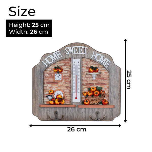 Wooden Home Sweet Home Entryway Key Holder With Thermometer & Pumpkin Design - Natural Color, Double Hooks for Organization