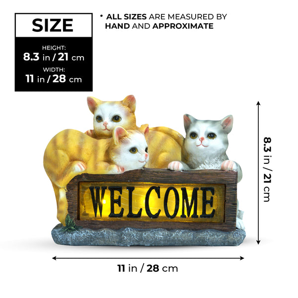 Cute Solar Cat Garden Statue With Lit Welcome Sign, 8" Outdoor Decor, Gift