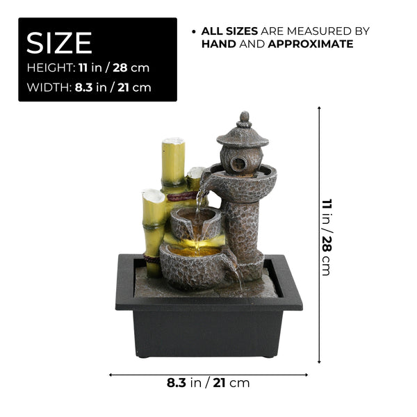 Temple Oasis Mini Tabletop Water Fountain - Fiberglass & Plastic, Grey & Black, LED Lit Waterfall for Zen Spa & Therapy Office Decor