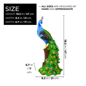 Peacock Garden Solar Light, Outdoor Fairy Garden Decor, Polyresin Solar Powered Statue, Blue Green Garden Sculpture, Patio Decor 19 inch 47 cm by Sona Casa