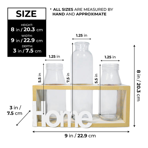 Hydroponic Glass Vases 1 Large, 2 Small, Propagation Pot, Terrarium Glass, Brown Wooden Support Home Design Tabletop Centerpiece 8 inch 20 cm