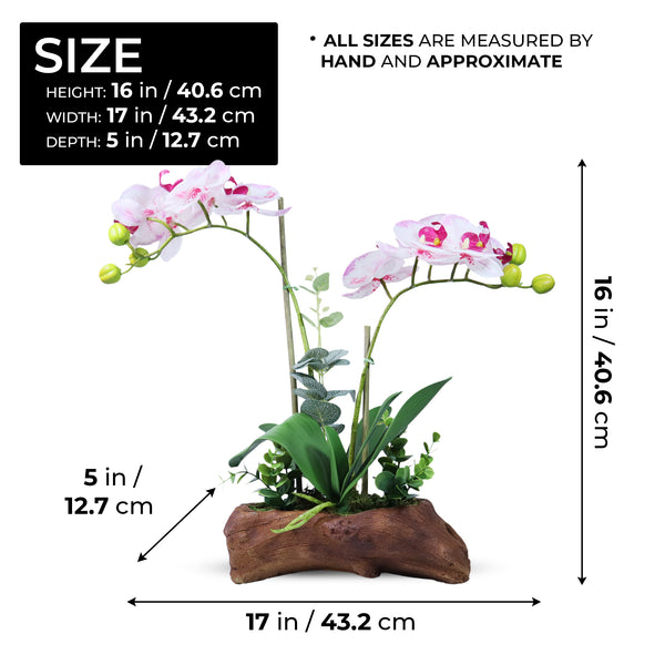 Artificial Orchids for Home Decor Indoor in Log-like Cement Planter, White Pink Faux Orchids, 16in 41cm by Accent Collection