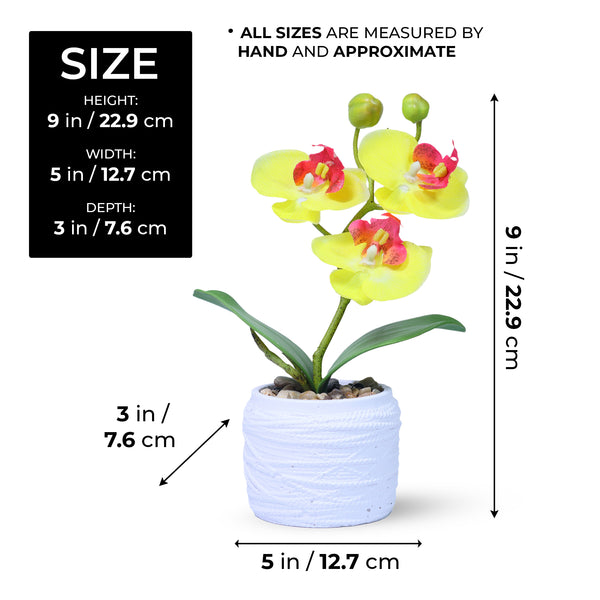 Yellow Orchid Fake Indoor Plant in White Cement Pot, Handmade Housewarming Gift 9 inch or 23 cm