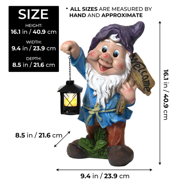 Welcome Gnome Statue with Metal Tealight Candle Holder, Outdoor Polyresin Gnome Lawn Garden Decor with Purple Hat, Large, 16 inch 40 cm