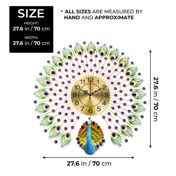 Peacock Metal Wall Clock, 28" Analog Silent Clock for Office