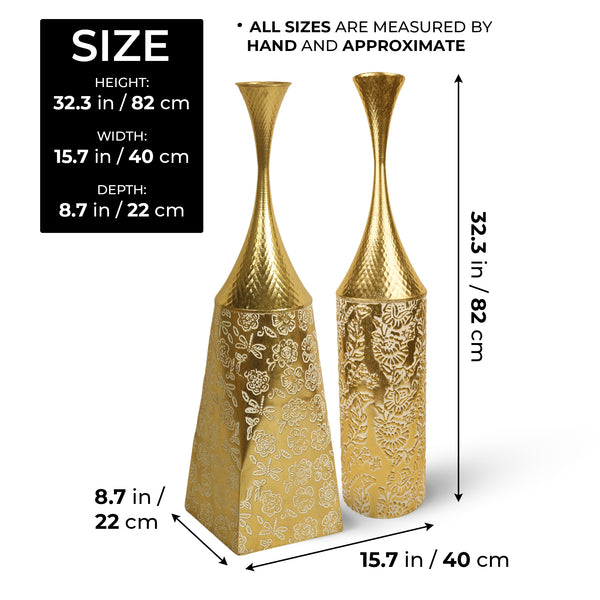 2 Piece Decorative Tall Vases, Large Gold Metal Floor Vases, Indoor Living Room Decor 32 inch 82 cm