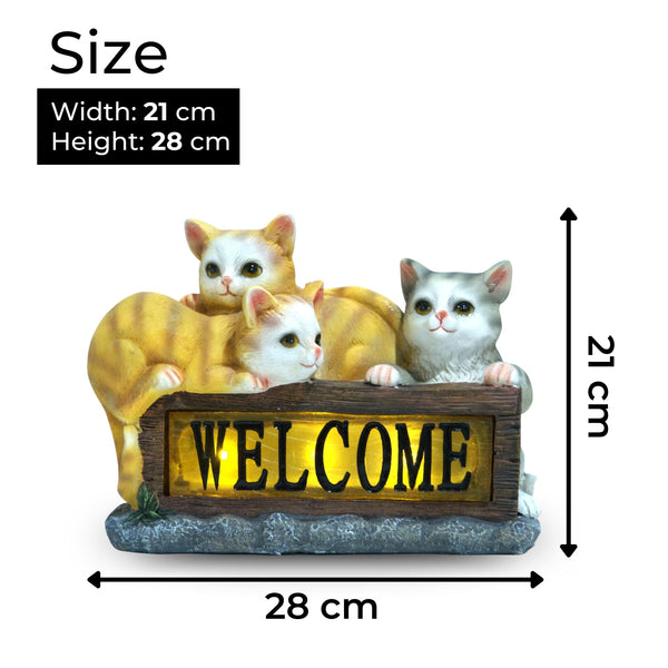 Welcome Cats Solar Statue, Three Kittens Solar Statue, Garden Statue, Outdoor Decor, Figurine Light, Patio Decor, Gift for Cat Lovers, Housewarming Gift, With Welcome Sign