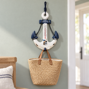 Anchor Wall Mount Coat Rack, Hook & Built-In Thermometer, 13" Rustic Ocean, Beach Themed Decor, Nautical Gifts