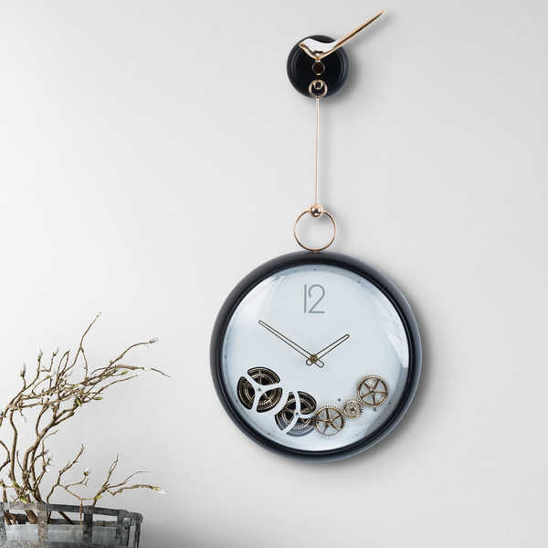 Large Elegant Black Metal Wall Clock with Moving Gears by Accent Collection Home Decor