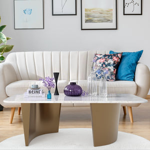 Modern 47" Rectangular Coffee Table, White Marble Surface, Metal Gold Frame, Home Decor by Sona Casa