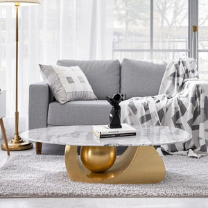 Designer Oval Coffee Table 47" White Marble Top, Golden Metal Ball Base, Centerpiece by Sona Casa