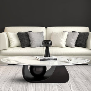 Designer Oval Coffee Table 47" White Marble Surface, Metal Ball Matte Black Base, Centerpiece by Sona Casa