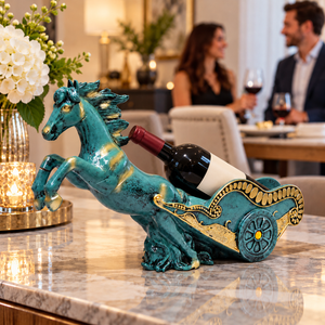 Decorative teal horse and gold-detailed chariot holding a wine bottle