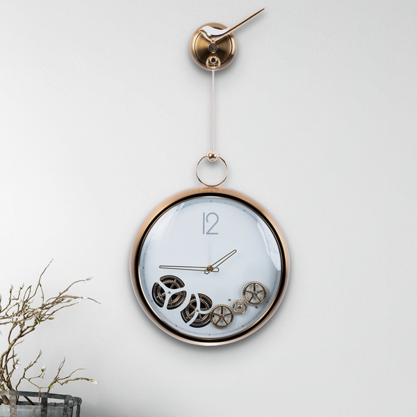 Luxury Metal Wall Clock with Moving Pendulum Gears, Modern Golden Hanging Large Wall Clock, White Dial, Home Decoration, Office Decor, Unique Indoor Decor, Brushed Gold Metal