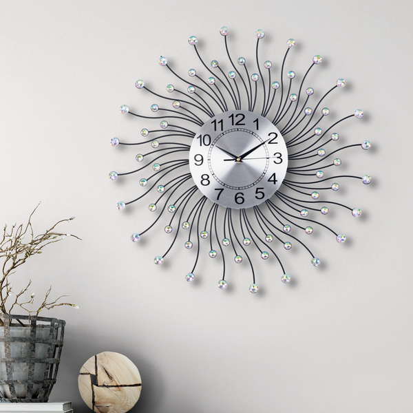 Large Sunburst Wall Clock, Crystal-Embedded Metal Wall Clock, 60 cm or 24 inch, Silent Clock, Non-Ticking Clock, Large Decorative Wall Clock, Wall Decor, Analog Wall Clock, Decor for Living Room