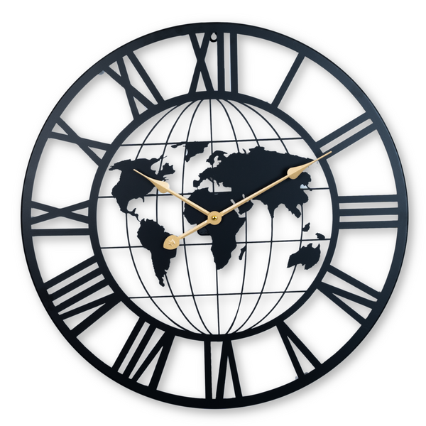 Large black wall clock world map metal clock 60 cm 24 inch silent clock large decorative wall clock analog
