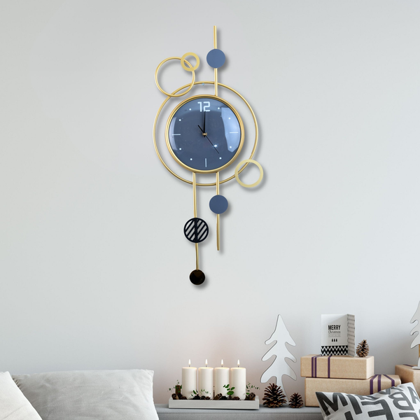 Large grey metal wall clock, 80 cm, golden frame, abstract modern design