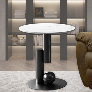 Modern Round Corner Table, 16" Side Table, White Marble Top, Metal Matte Black Frame, Centerpiece by Sona Casa