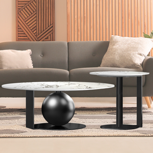 Modern Coffee Table Set of 2, 32" and 16" Marble Surface, Metal Ball Base, Matte Black Finish, Home Decor by Sona Casa